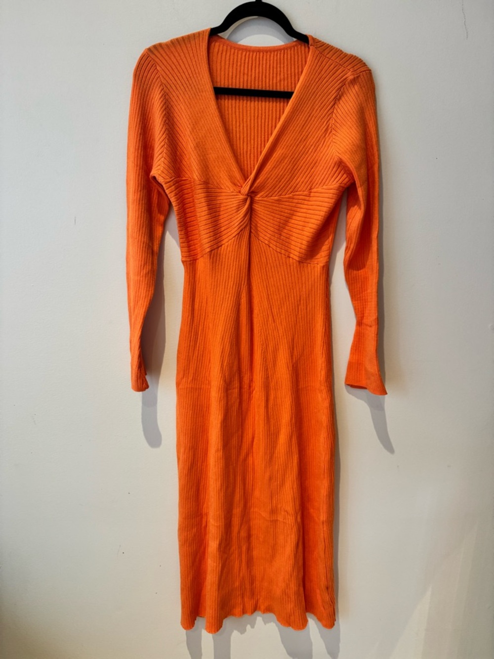 Orange Rib-Knit Long Sleeve Twist-Front Dress